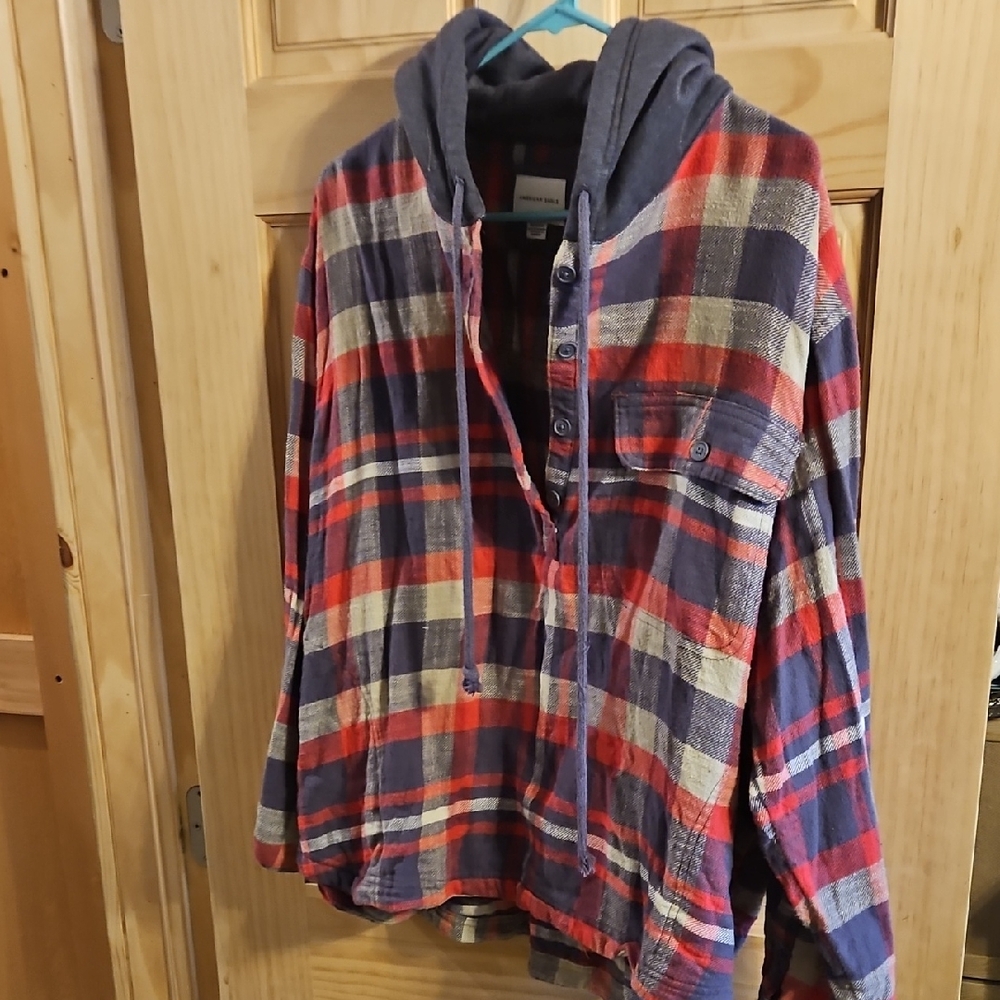 American Eagle Outfitters Flannel Plaid Hooded Shirt